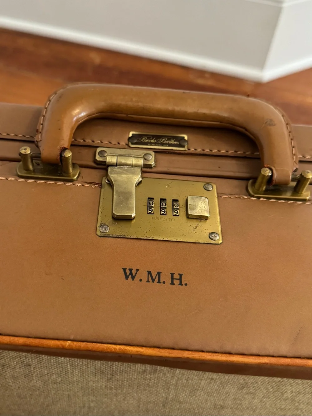 Vintage 60's Brooks Brothers Tan Leather Fabric Suitcase Luggage Combination